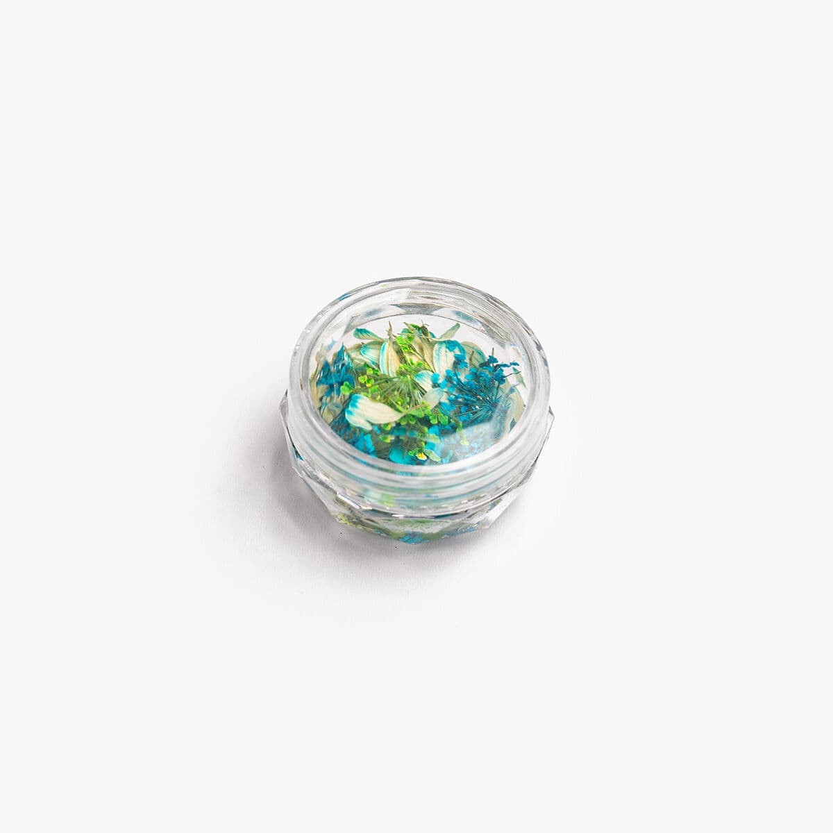 Pot de Flower Flakes Semilac Spring Meadow — pétales de fleurs séchées dans des tons pastel vert et turquoise pour nail art et incrustations.