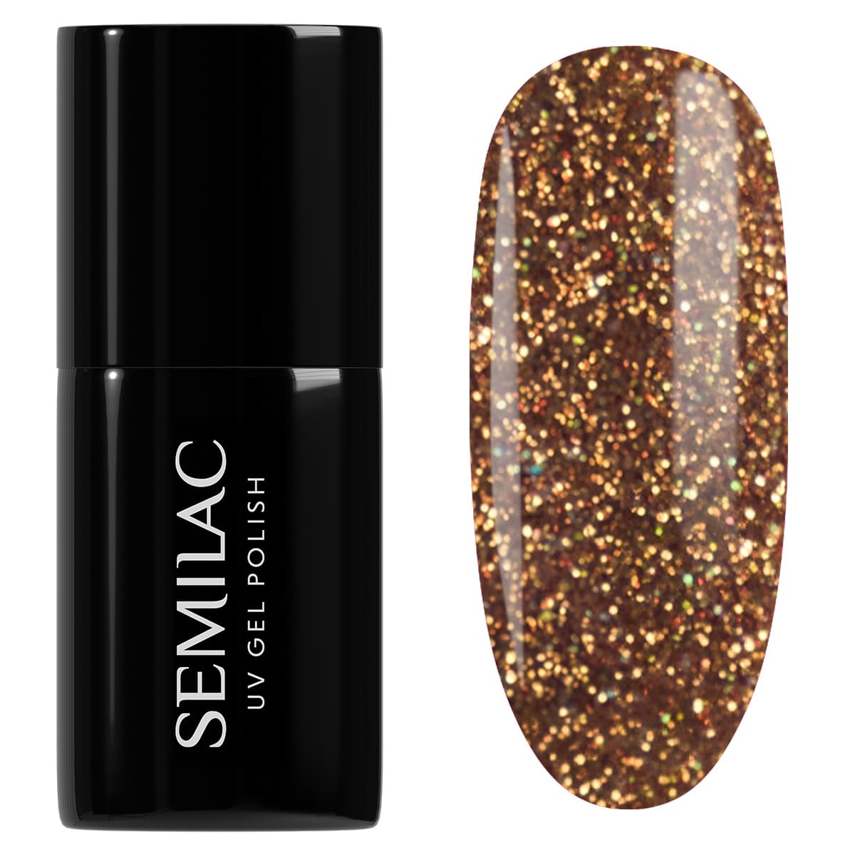 Flacon et Swatch du Vernis Semi-Permanent 956 Vintage Gold, une nuance dorée chaude avec des paillettes intenses et particules holo.