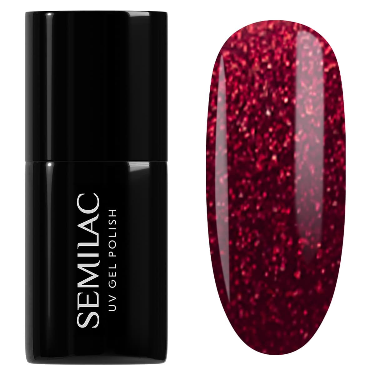 Flacon et Swatch du Vernis Semi-Permanent 955 Holly Berry Red, un rouge profond magnétique aux reflets orange chauds.