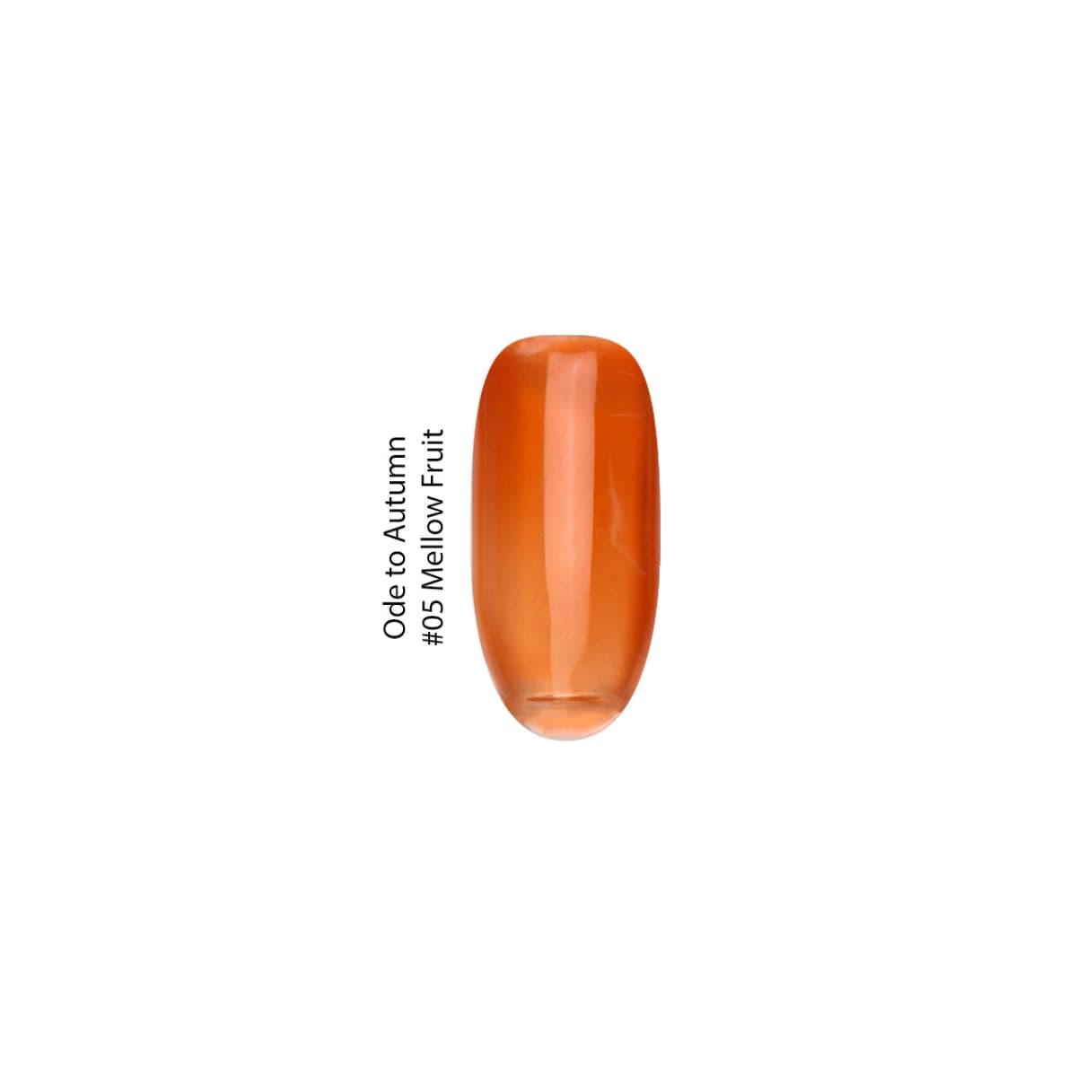 Nuancier du vernis UV/LED Mellow Fruit de la collection : Ode to Autumn. Un vernis semi-transparent avec un effet vitrail ambré.
