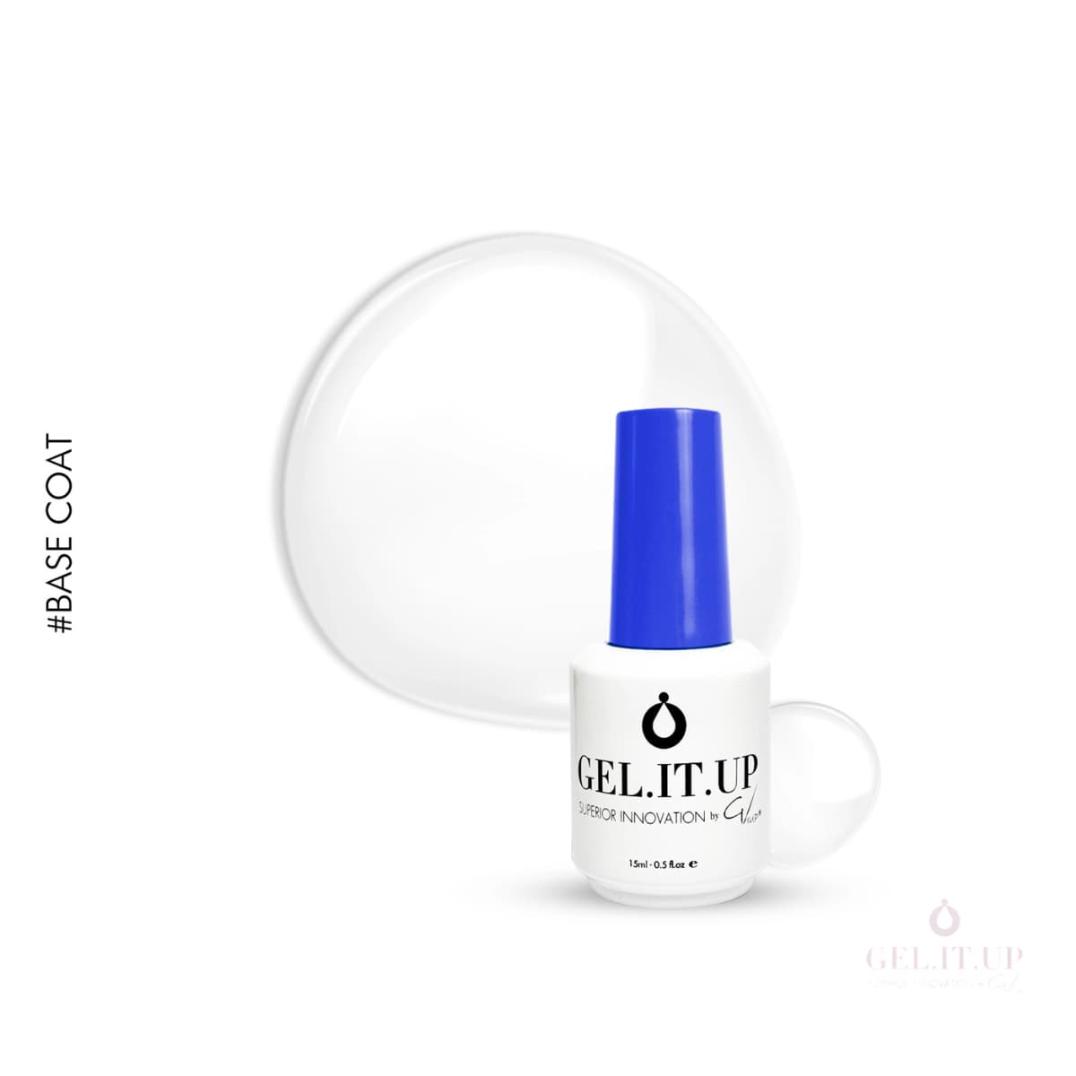 Flacon et Swatch de la Base Coat VSP transparente de GEL.IT.UP.