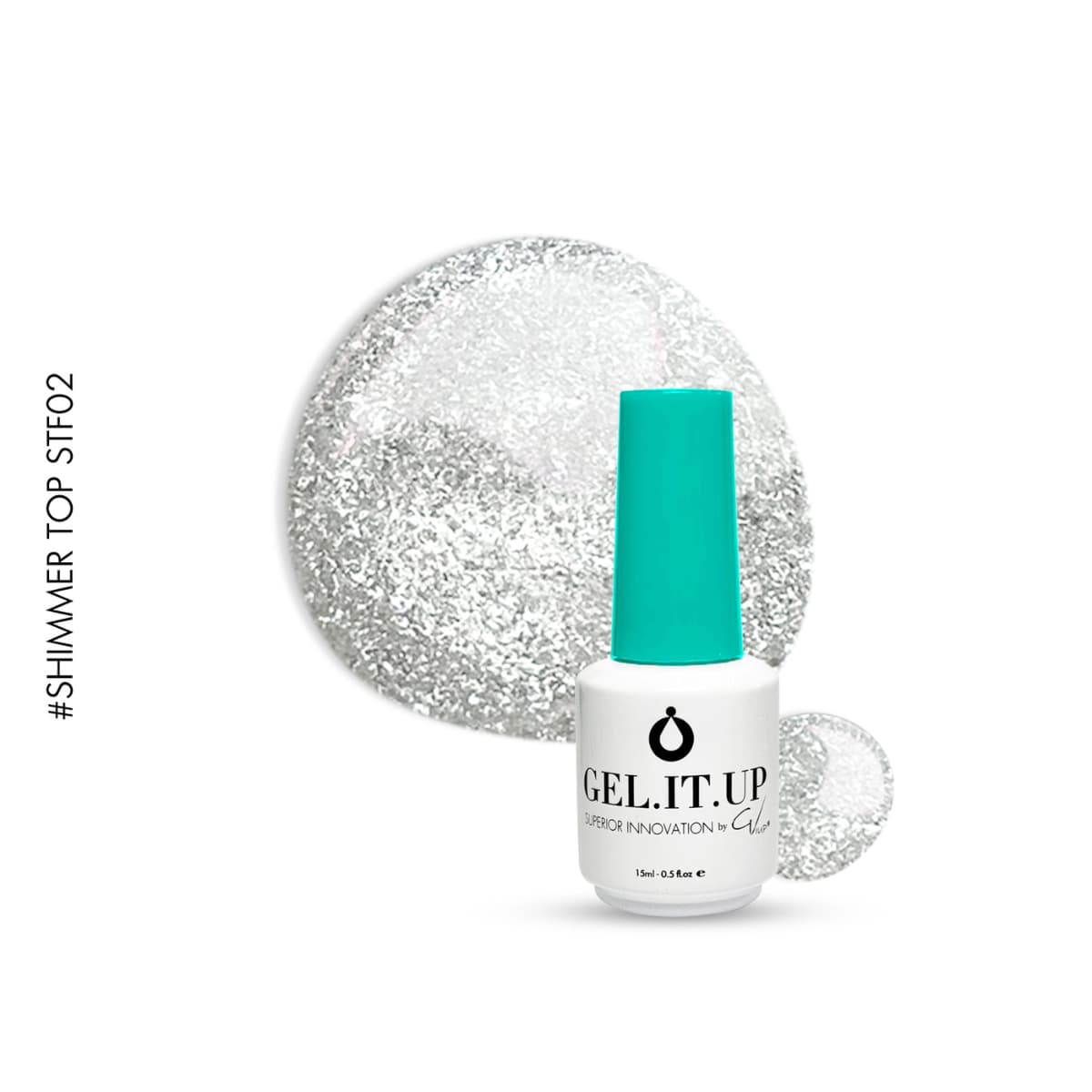 Flacon et swatch du Top Coat Non-Wipe STF02 de GEL.IT.UP, un top transparent avec de fines particules argentées.
