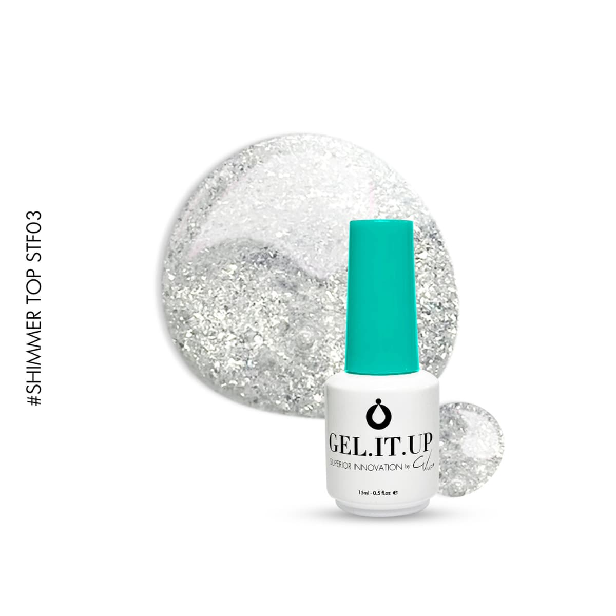 Flacon et swatch du Top Coat Non-Wipe STF03 de GEL.IT.UP, un top transparent avec de fines particules dorées.