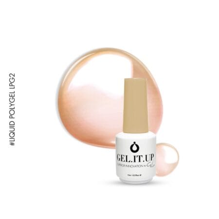 Flacon et nuancier du GEL.IT.UP - Liquid Polygel LPG2 - Cover - 15 ml, une teinte soutenue de pêche abricot