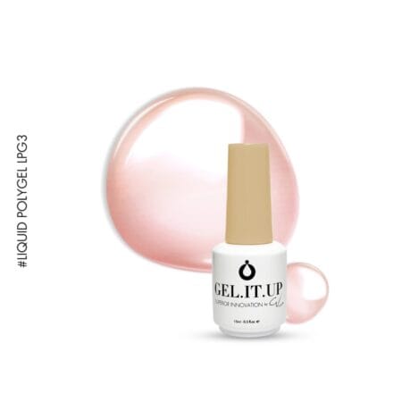 Flacon et nuancier du GEL.IT.UP - Liquid Polygel LPG3 - Nude- 15 ml, un nude beige-rose naturel.