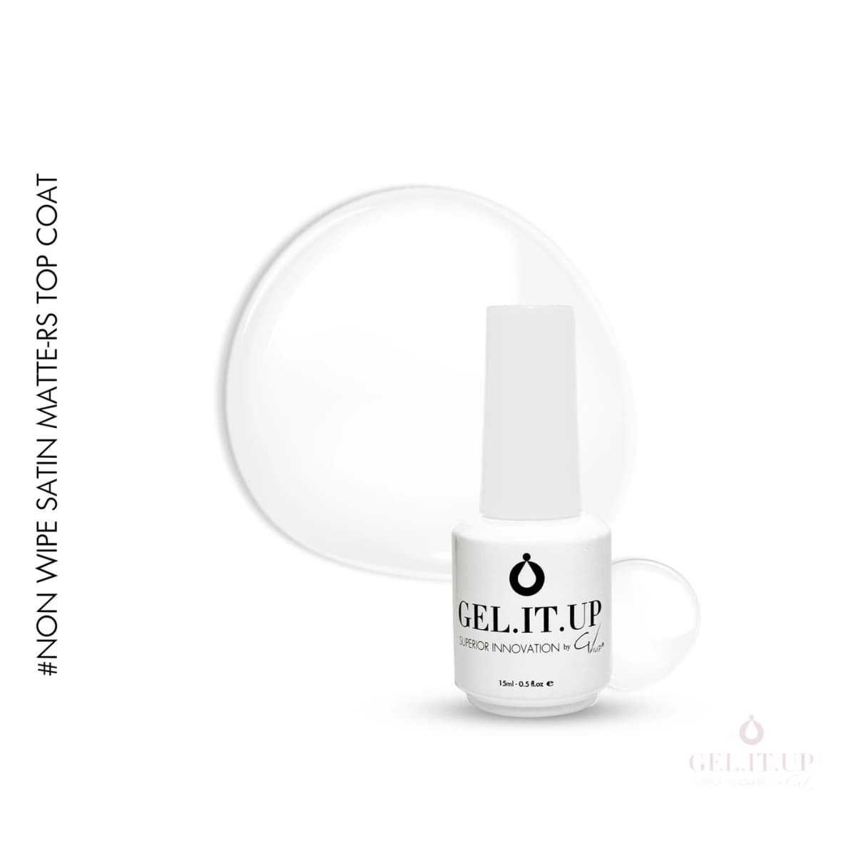Flacon et Swatch du Top Coat Mat Velours Non Wipe 15ml GEL.IT.UP - Satin Matte-Rs.