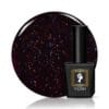 Flacon et swatche du VERIN - Vernis semi-permanent Elegance E13 - 10ml, un prune profond avec de fines particules rouges, dorées, vertes.