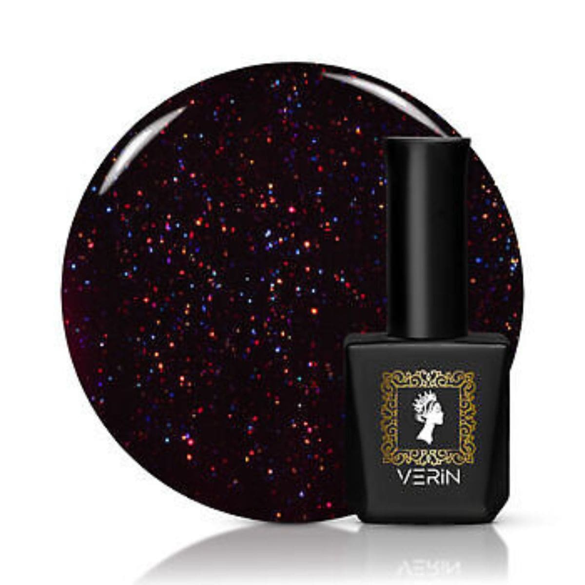 Flacon et swatche du VERIN - Vernis semi-permanent Elegance E13 - 10ml, un prune profond avec de fines particules rouges, dorées, vertes.