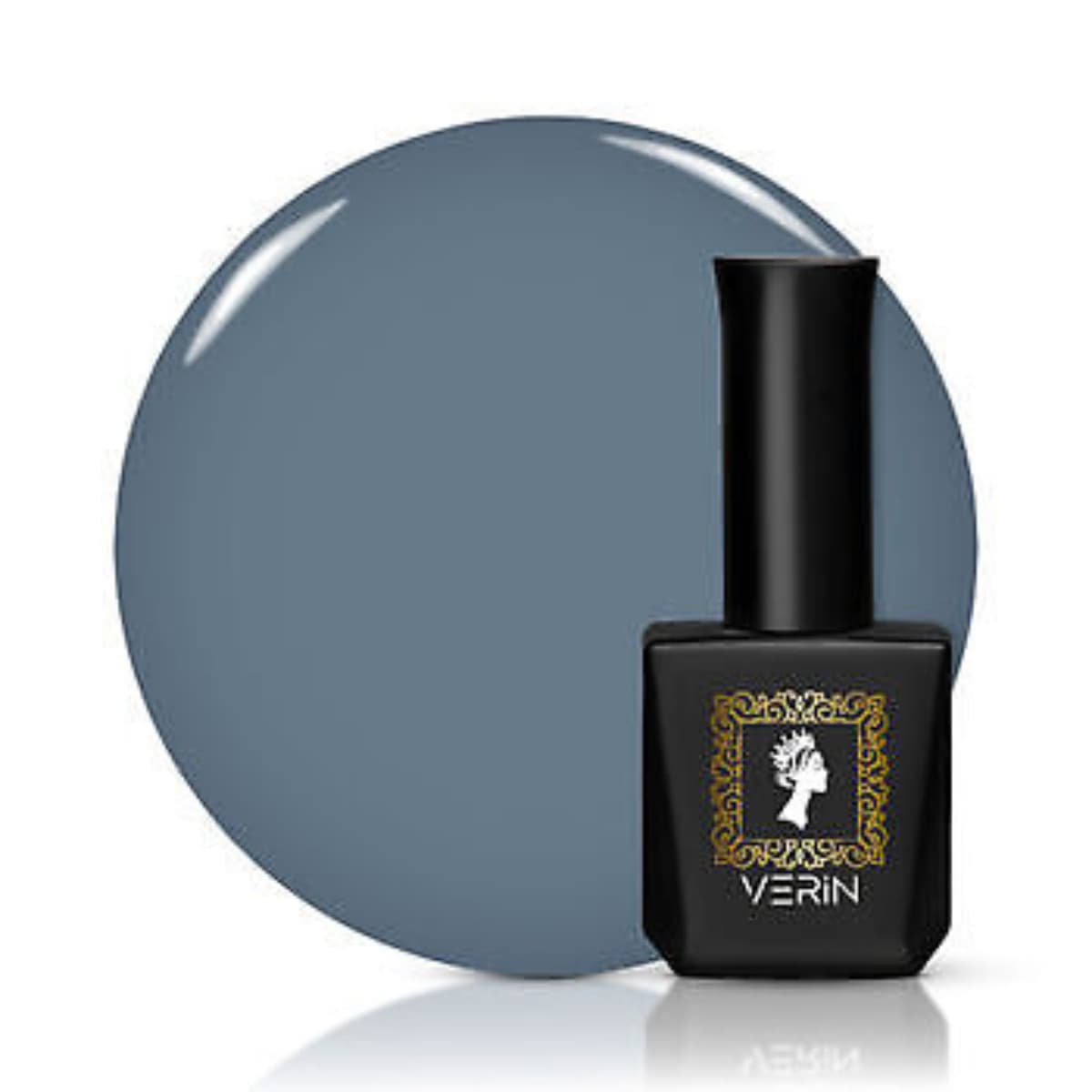 Flacon et nuancier du VERIN - Vernis semi-permanent Winter W01 - 10ml, une couleur Gris-Bleu froid.