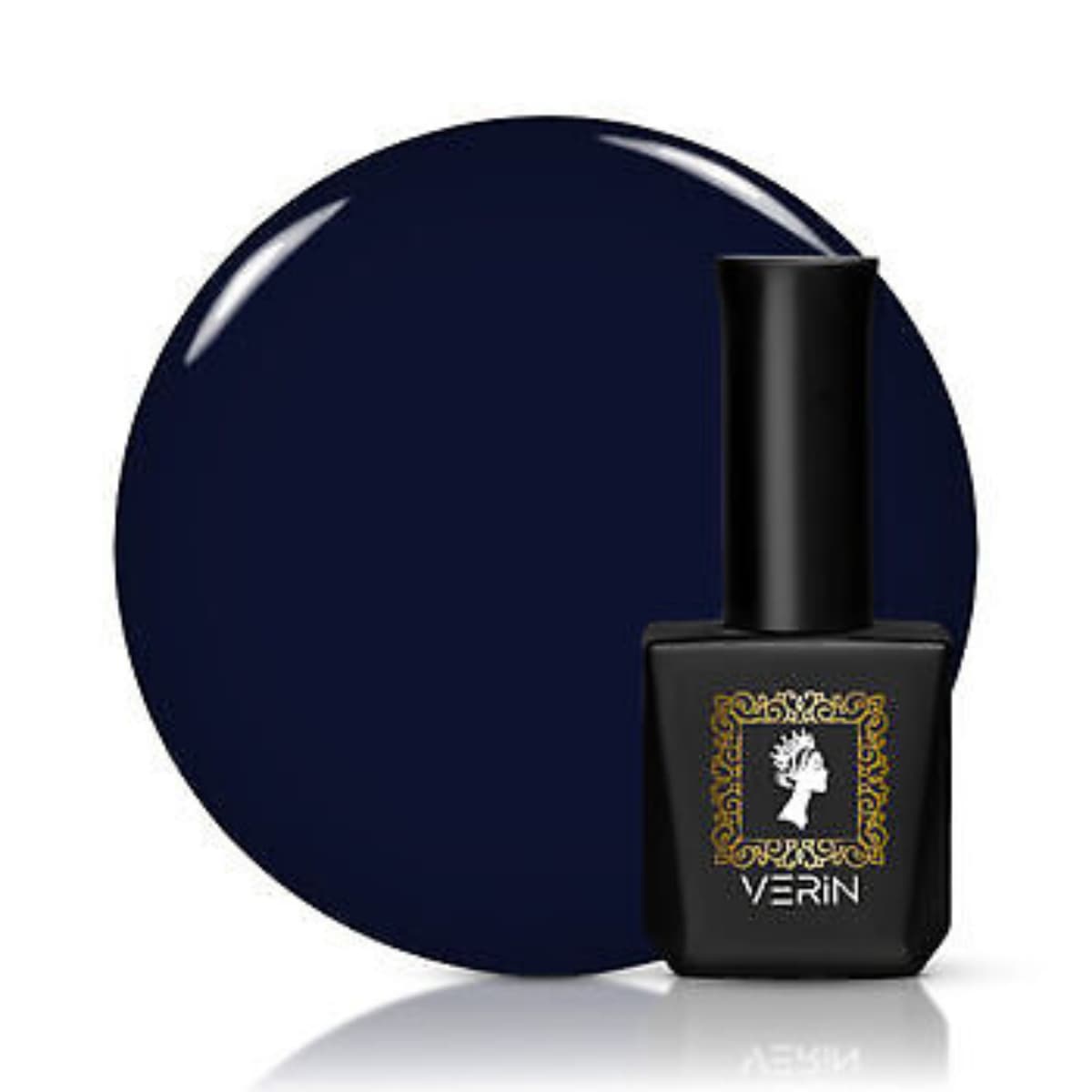 Flacon et nuancier du VERIN - Vernis semi-permanent Winter W03 - 10ml, un bleu marine foncé.