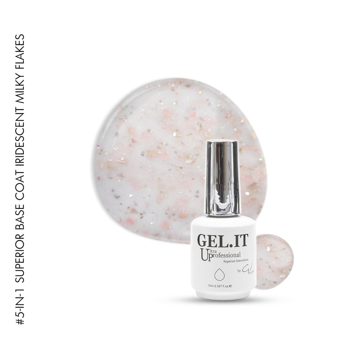 GEL.IT.UP - 5-en-1 Superior Base Coat - Iridescent Milky Flakes. Une rubber base laiteuse avec des particules roses et dorées.