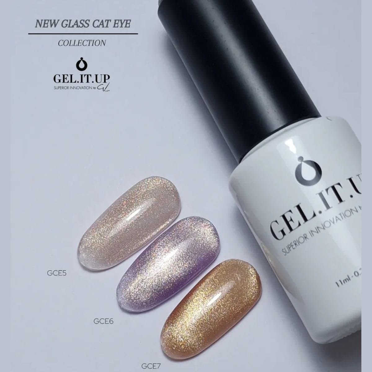Nuancier des vernis semi-permanents GEL.IT.UP Glass Cat-eye #05, un nude, #06, un rose, #07 un cuivré doré.