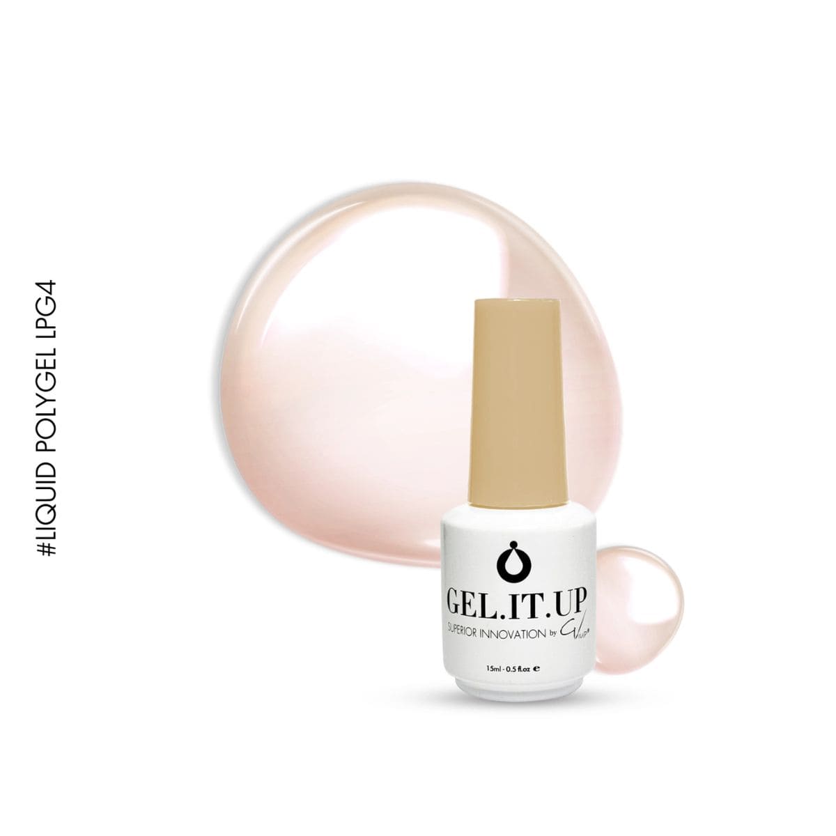 Flacon et nuancier du GEL.IT.UP - Liquid Polygel LPG4 Powder - 15 ml, une teinte nude pêche délicate pour toutes les carnations.