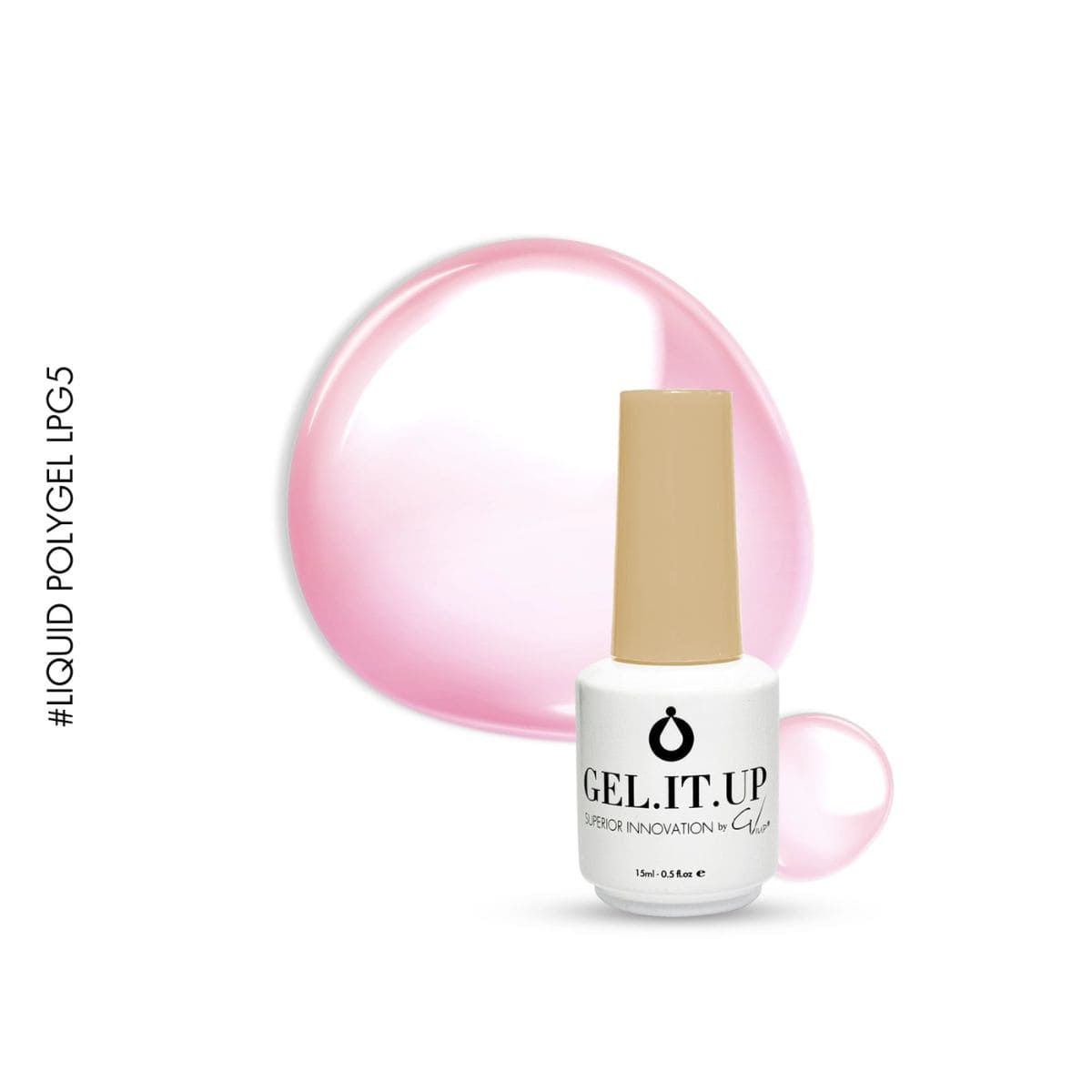 Flacon et nuancier du GEL.IT.UP - Liquid Polygel LPG5 Pink - 15 ml, une teinte nude rose délicate pour toutes les carnations.