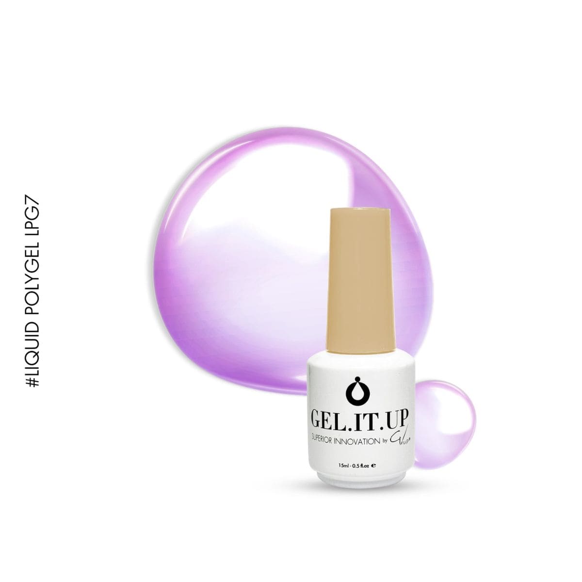 Flacon et nuancier du GEL.IT.UP - Liquid Polygel LPG7 Purple - 15 ml, une teinte de violet pastel
