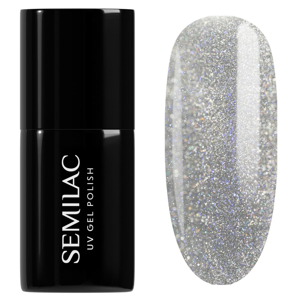 Flacon et swatch du Vernis semi-permanent Semilac 961 Magnetic Flash, un semi-transparent argenté avec des paillettes reflectives.