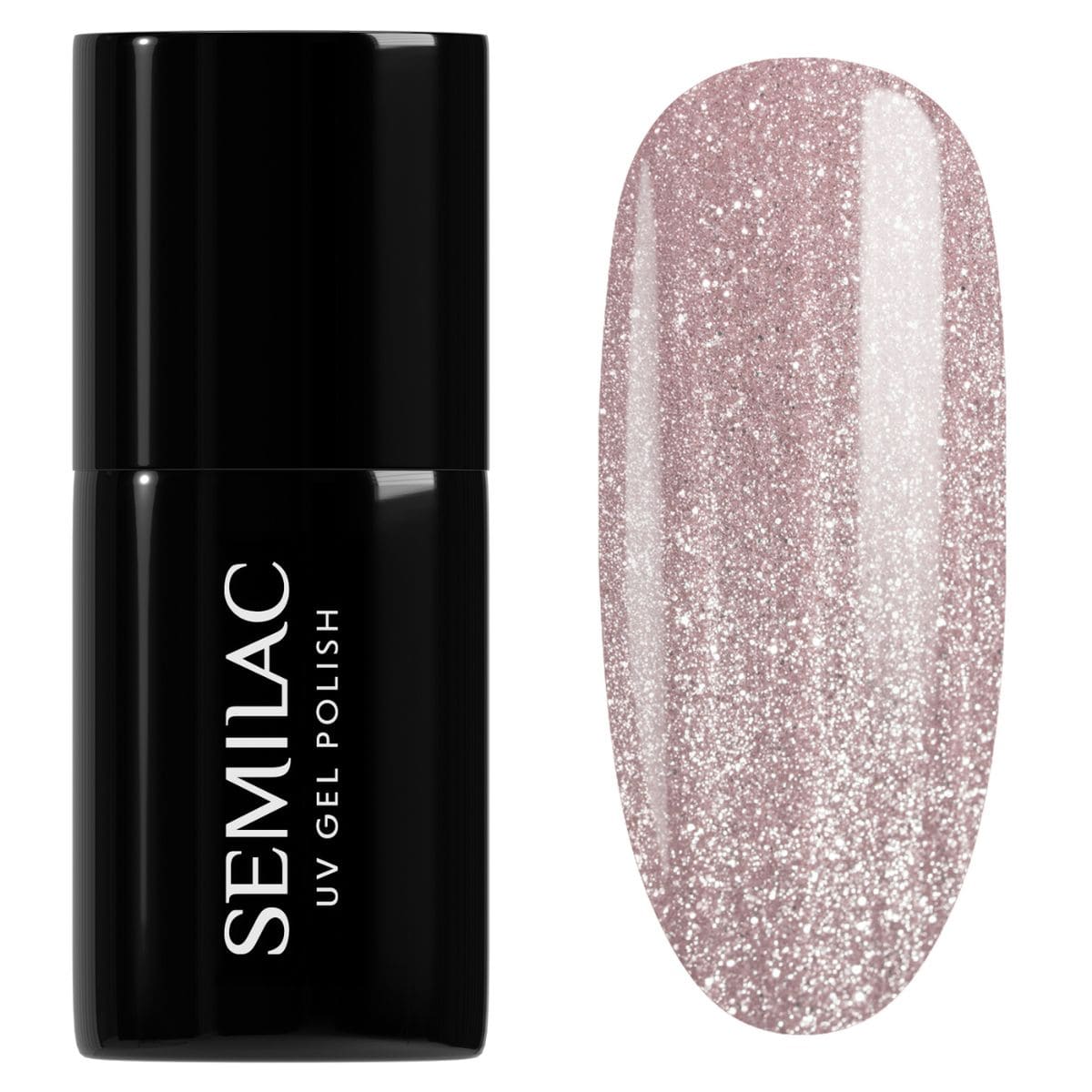 Flacon et swatch du Vernis semi-permanent Semilac 962 Magnetic Mocha, un rose clair, froid avec de fines particules magnétiques argentées.