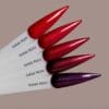 Nuancier des vernis semi permanents rouges VERIN, RG1 à RG5, des rouges intenses avec des particules irisées.
