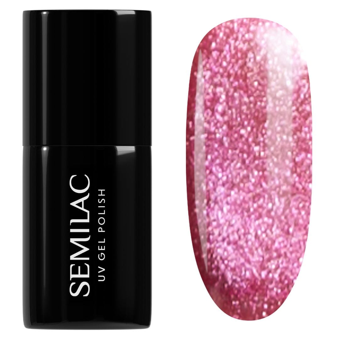 Flacon du Vernis semi-permanent Semilac - 795 Magnetic Raspberry, un rouge framboise avec des particules pour un effet cat-eye.